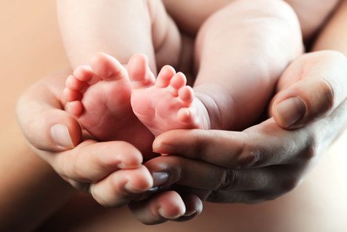 Small newborn held in adult hands